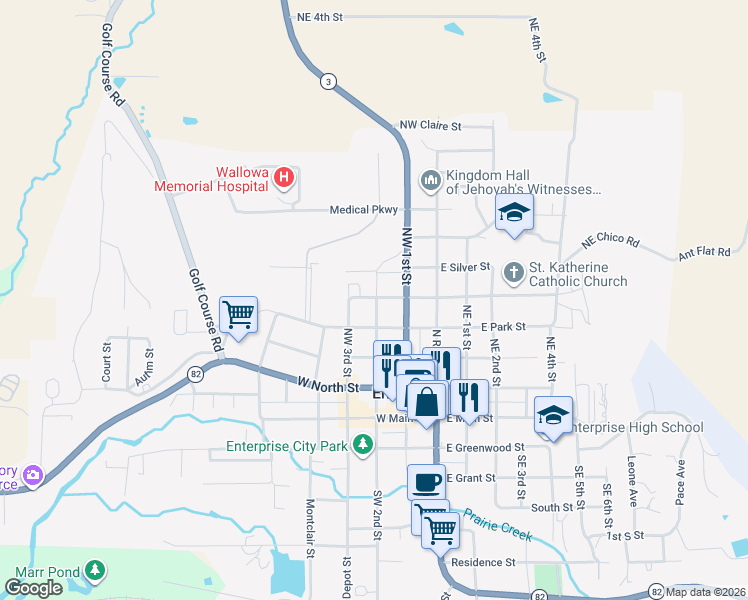 map of restaurants, bars, coffee shops, grocery stores, and more near 303 Northwest Garfield Street in Enterprise