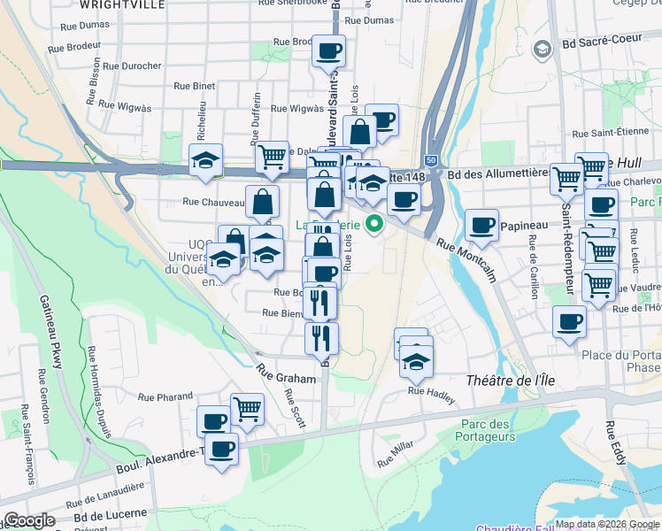 map of restaurants, bars, coffee shops, grocery stores, and more near 88 Boulevard Saint-Joseph in Gatineau