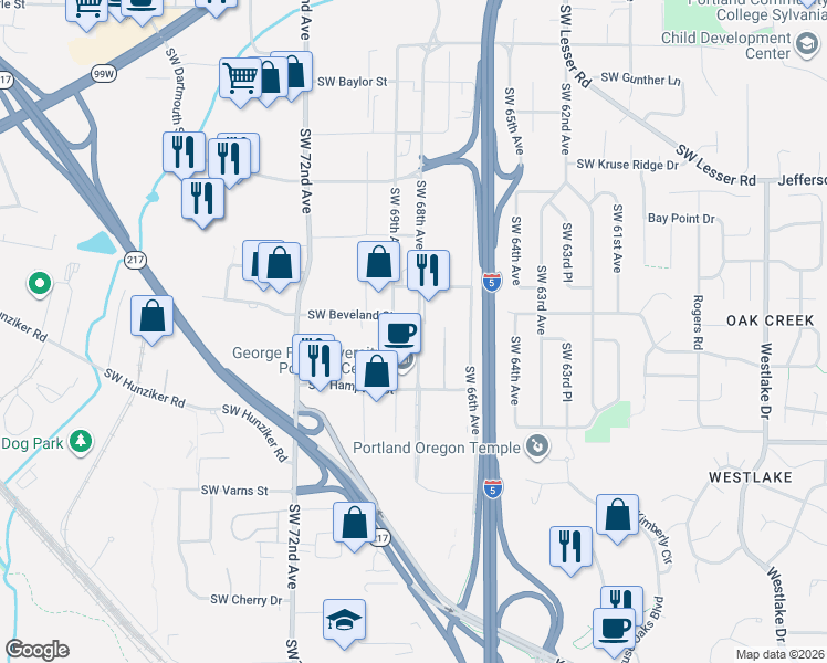 map of restaurants, bars, coffee shops, grocery stores, and more near 12550 SW 68th Ave in Tigard