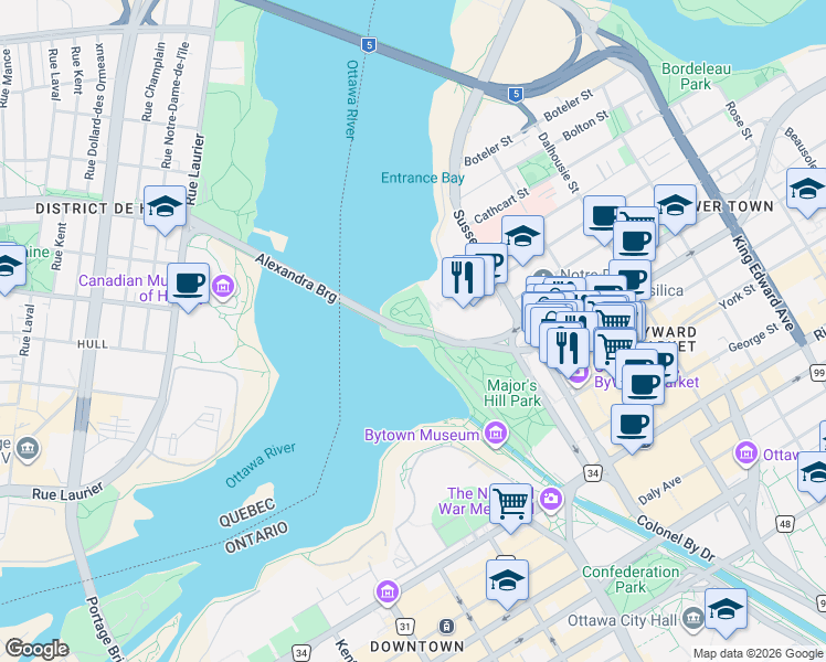 map of restaurants, bars, coffee shops, grocery stores, and more near Alexandra Bridge in Ottawa