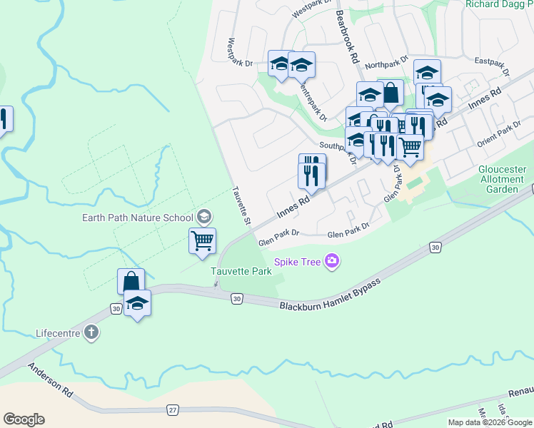 map of restaurants, bars, coffee shops, grocery stores, and more near 2463 Innes Road in Ottawa