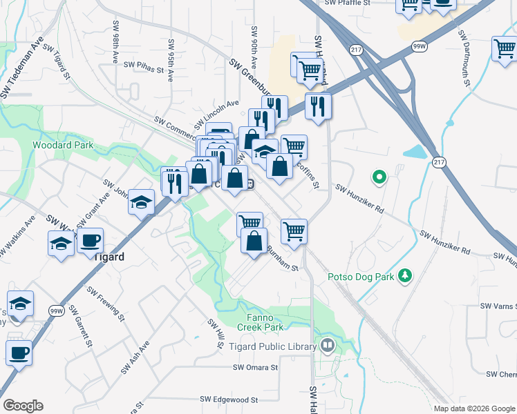 map of restaurants, bars, coffee shops, grocery stores, and more near 9047 Southwest Burnham Street in Tigard