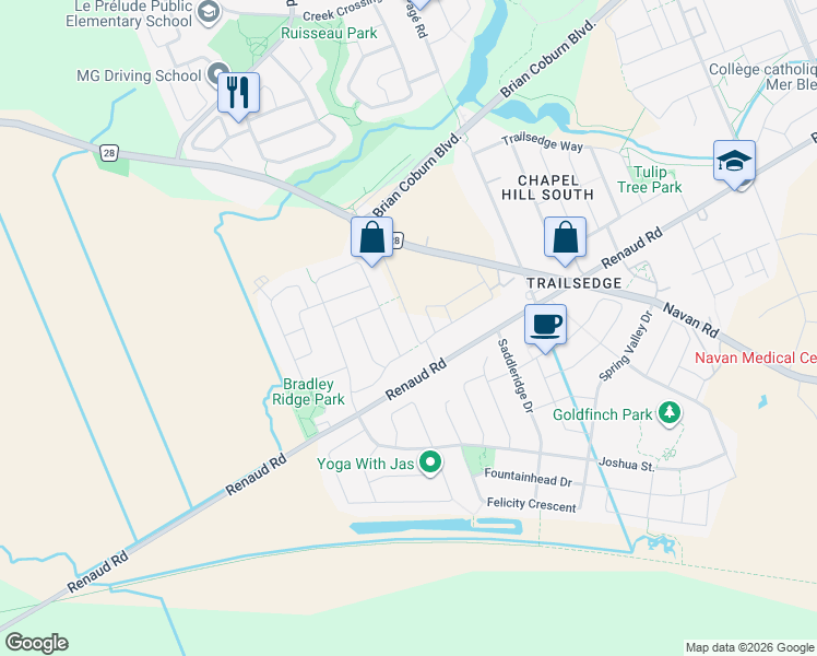 map of restaurants, bars, coffee shops, grocery stores, and more near 656 Percifor Way in Ottawa