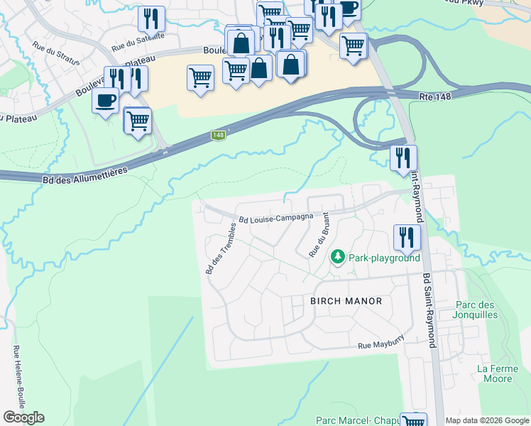map of restaurants, bars, coffee shops, grocery stores, and more near 116 Boulevard Louise-Campagna in Gatineau