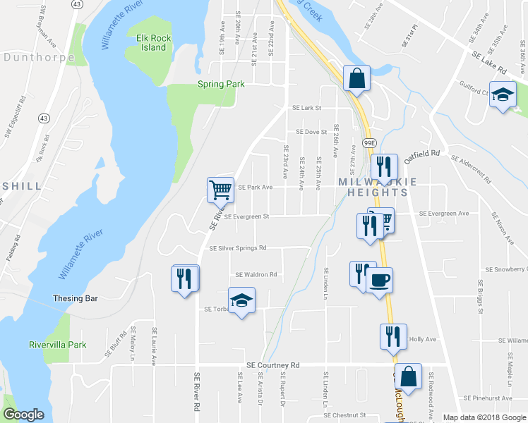 map of restaurants, bars, coffee shops, grocery stores, and more near 12965 Southeast 22nd Avenue in Milwaukie