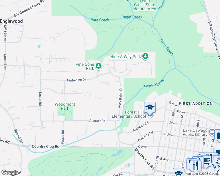 map of restaurants, bars, coffee shops, grocery stores, and more near 840 Woodway Court in Lake Oswego
