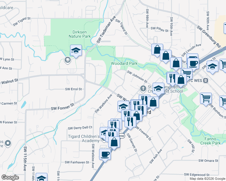 map of restaurants, bars, coffee shops, grocery stores, and more near 10275 Southwest Walnut Street in Tigard