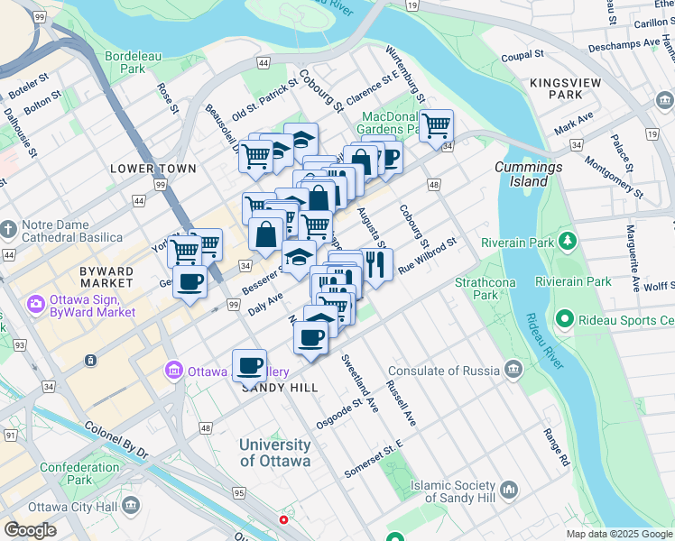 map of restaurants, bars, coffee shops, grocery stores, and more near in Ottawa