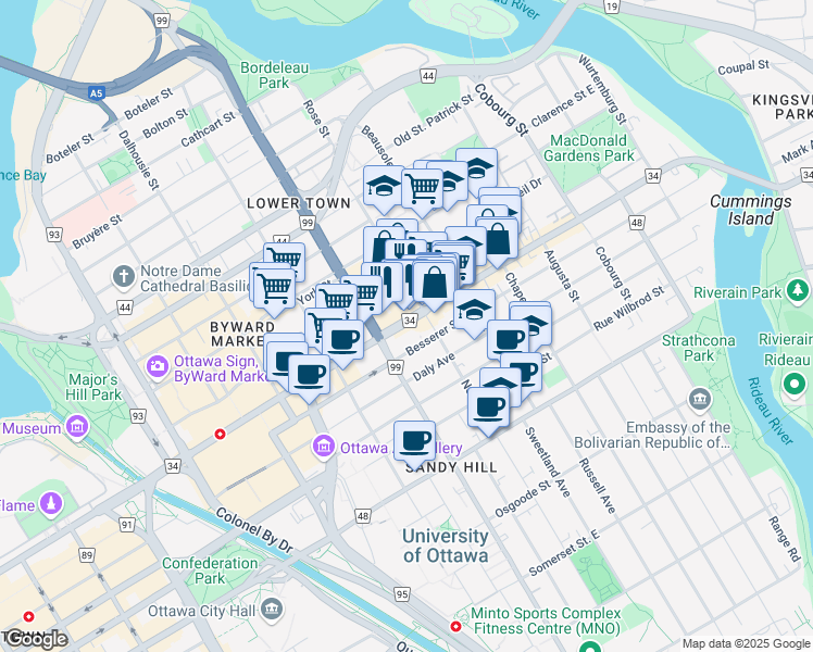 map of restaurants, bars, coffee shops, grocery stores, and more near 220 Nelson Street in Ottawa