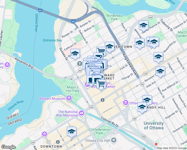 map of restaurants, bars, coffee shops, grocery stores, and more near 92 Clarence Street in Ottawa