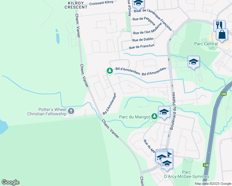 map of restaurants, bars, coffee shops, grocery stores, and more near 235 Boulevard d'Amsterdam in Gatineau