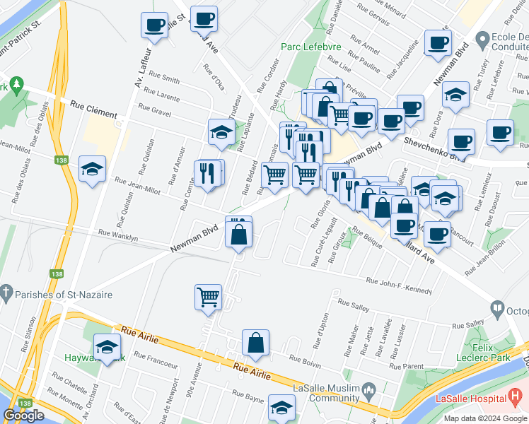 map of restaurants, bars, coffee shops, grocery stores, and more near 9200 Boulevard Newman in Montréal