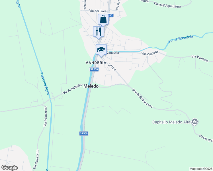 map of restaurants, bars, coffee shops, grocery stores, and more near 81 Via degli Arnaldi in Meledo