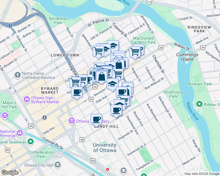 map of restaurants, bars, coffee shops, grocery stores, and more near 330 Besserer Street in Ottawa