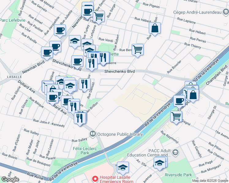 map of restaurants, bars, coffee shops, grocery stores, and more near 8490 Rue Jean-Brillon in Montréal