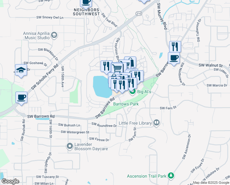 map of restaurants, bars, coffee shops, grocery stores, and more near 15151 Southwest Barrows Road in Beaverton