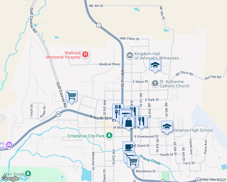 map of restaurants, bars, coffee shops, grocery stores, and more near 303 Northwest Garfield Street in Enterprise