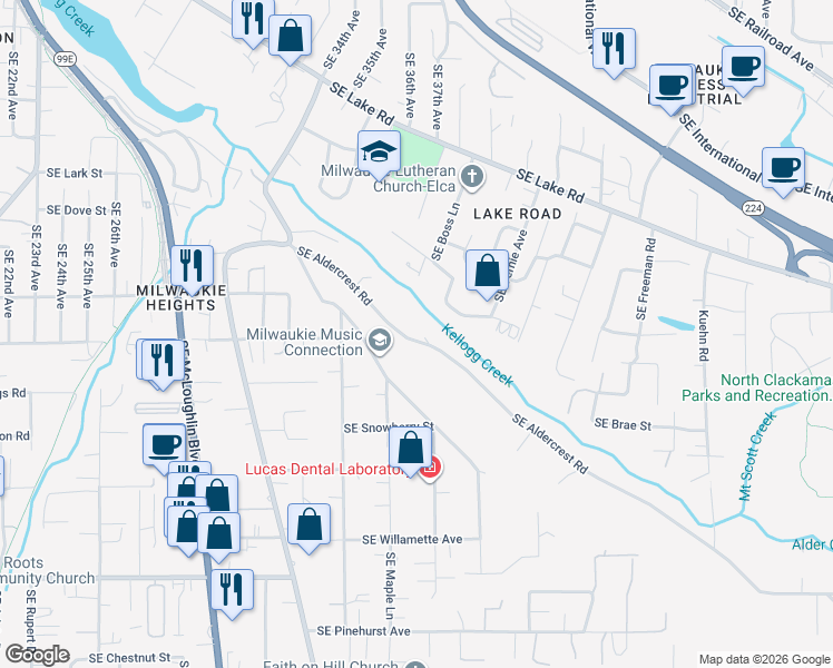 map of restaurants, bars, coffee shops, grocery stores, and more near 3609 Southeast Aldercrest Road in Milwaukie
