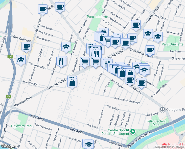 map of restaurants, bars, coffee shops, grocery stores, and more near 8819 Rue Leroux in Montréal