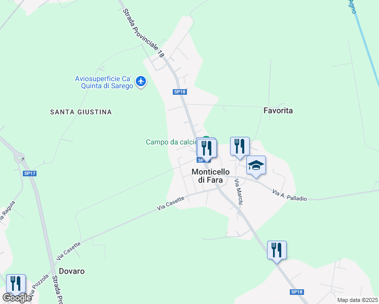 map of restaurants, bars, coffee shops, grocery stores, and more near 56 Via Alessandro Volta in Monticello di Fara