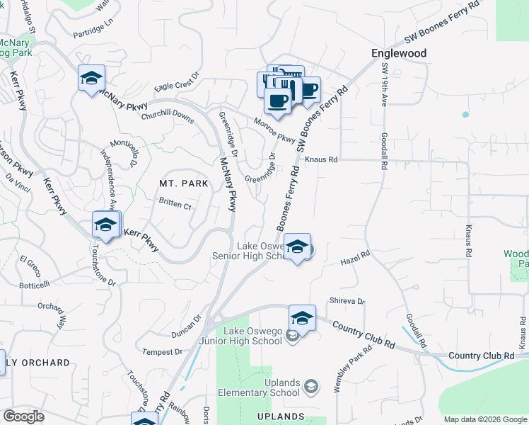 map of restaurants, bars, coffee shops, grocery stores, and more near 200 Greenridge Drive in Lake Oswego