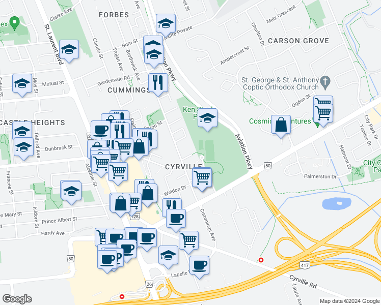 map of restaurants, bars, coffee shops, grocery stores, and more near 78 Steele Park Private in Ottawa