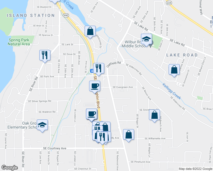 map of restaurants, bars, coffee shops, grocery stores, and more near 12921 Southeast Oatfield Road in Milwaukie