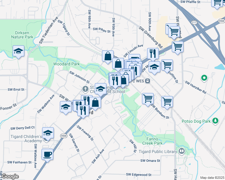 map of restaurants, bars, coffee shops, grocery stores, and more near 12575 Southwest Main Street in Tigard