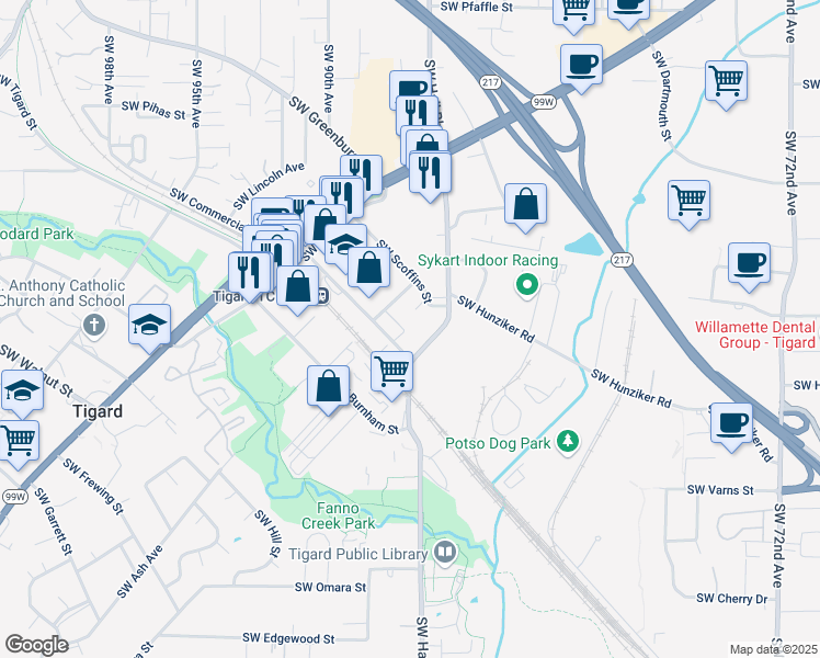 map of restaurants, bars, coffee shops, grocery stores, and more near 8610 Southwest Scoffins Street in Tigard