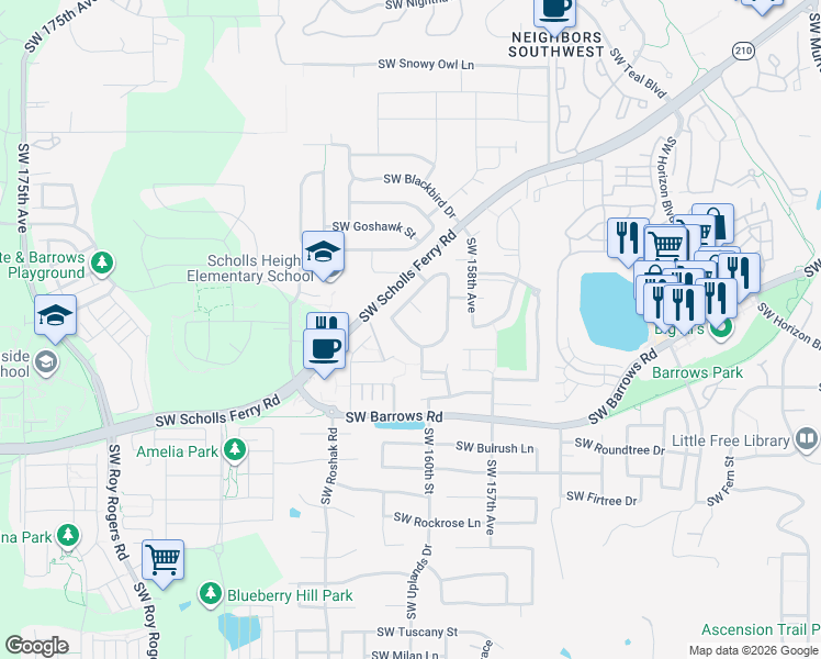 map of restaurants, bars, coffee shops, grocery stores, and more near 12552 Southwest Canvasback Way in Beaverton