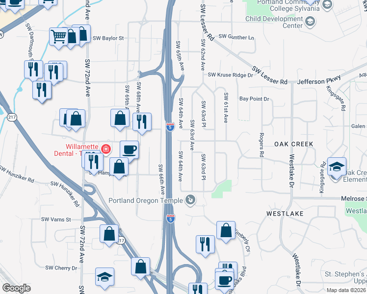 map of restaurants, bars, coffee shops, grocery stores, and more near 13364 Southwest 64th Avenue in Portland