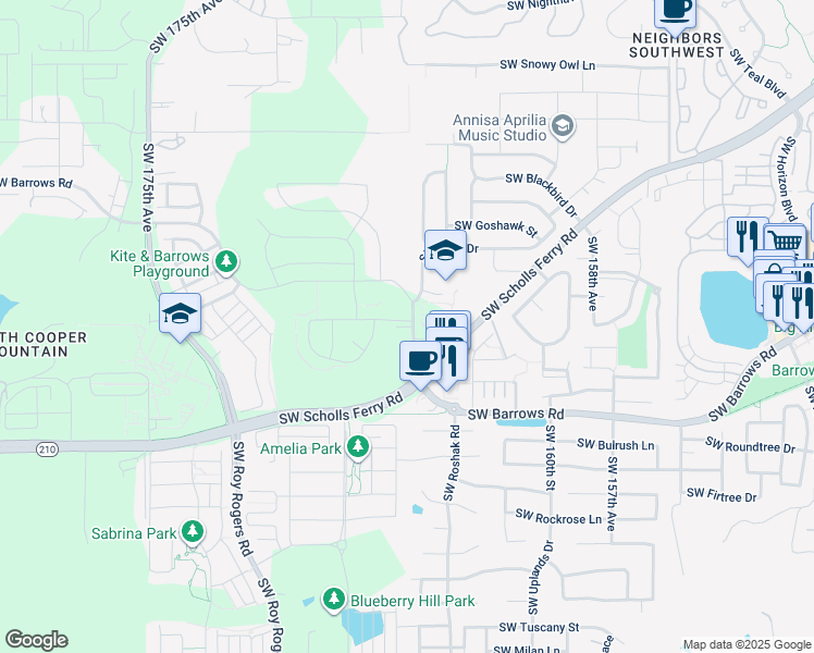map of restaurants, bars, coffee shops, grocery stores, and more near 16500 Southwest Oystercatcher Lane in Beaverton