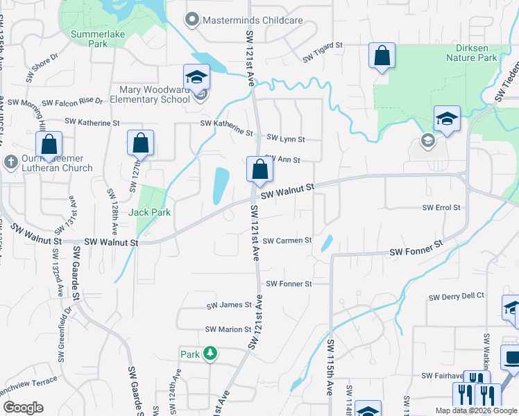 map of restaurants, bars, coffee shops, grocery stores, and more near 12610 Southwest 121st Avenue in Tigard
