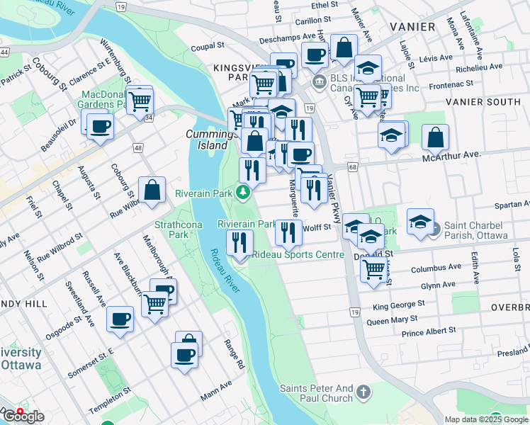 map of restaurants, bars, coffee shops, grocery stores, and more near in Ottawa