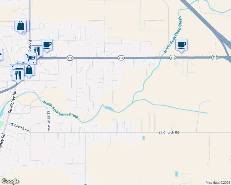 map of restaurants, bars, coffee shops, grocery stores, and more near 12915 Southeast Lani Lane in Boring