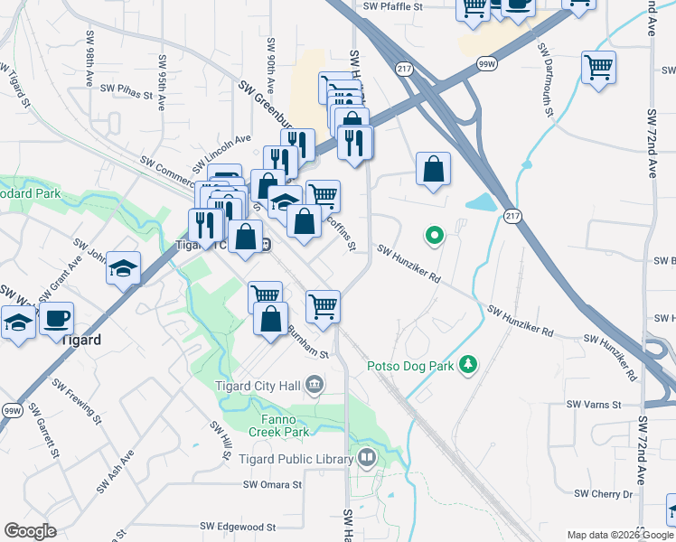 map of restaurants, bars, coffee shops, grocery stores, and more near 8610 Southwest Scoffins Street in Tigard