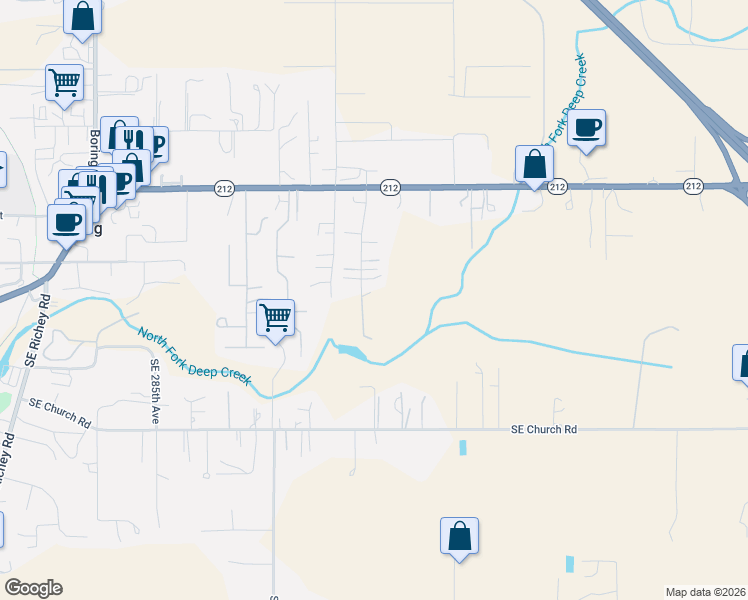 map of restaurants, bars, coffee shops, grocery stores, and more near 12915 Southeast Lani Lane in Boring