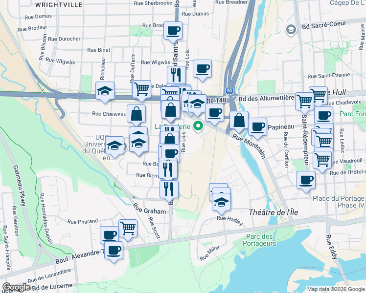 map of restaurants, bars, coffee shops, grocery stores, and more near 7 Rue Lois in Gatineau