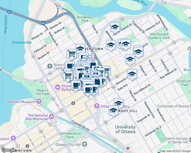 map of restaurants, bars, coffee shops, grocery stores, and more near 380 Cumberland Street in Ottawa