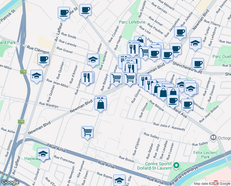 map of restaurants, bars, coffee shops, grocery stores, and more near 9100 Boulevard Newman in Montréal