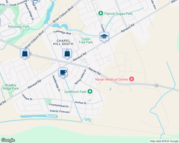 map of restaurants, bars, coffee shops, grocery stores, and more near 340 Broadridge Crescent in Ottawa