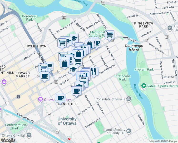 map of restaurants, bars, coffee shops, grocery stores, and more near 255 Stewart Street in Ottawa