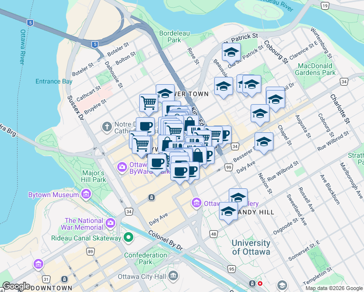 map of restaurants, bars, coffee shops, grocery stores, and more near in Ottawa