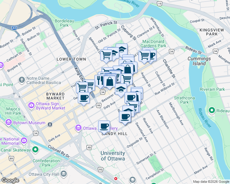 map of restaurants, bars, coffee shops, grocery stores, and more near 323 Besserer Street in Ottawa
