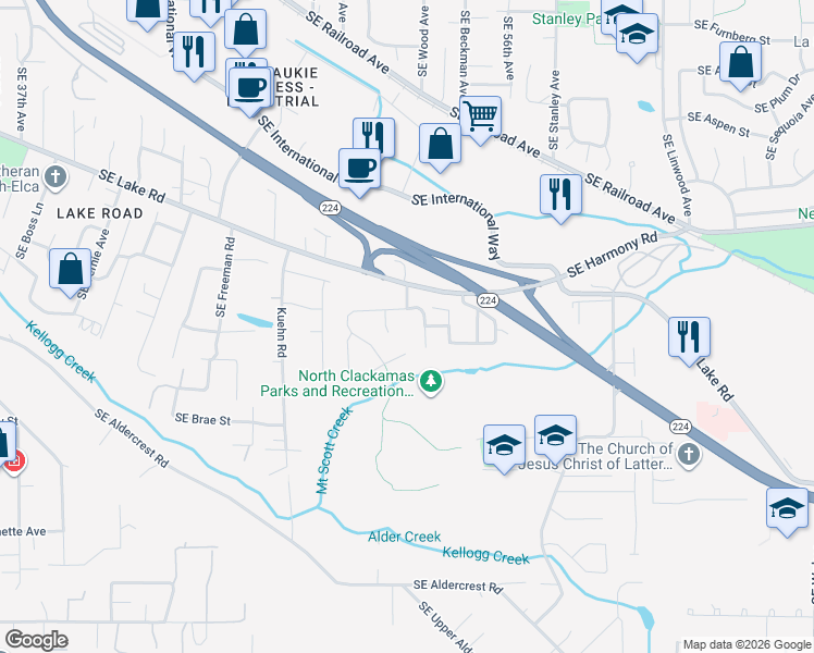map of restaurants, bars, coffee shops, grocery stores, and more near 13000 Southeast Mac's Place in Milwaukie