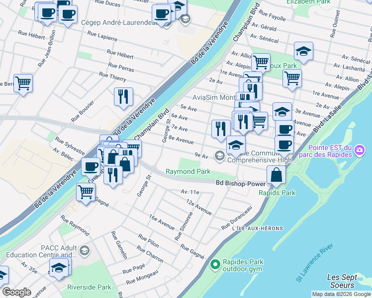 map of restaurants, bars, coffee shops, grocery stores, and more near 325 9e Avenue in Montréal