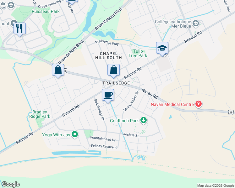map of restaurants, bars, coffee shops, grocery stores, and more near 354 Rolling Meadow Crescent in Ottawa