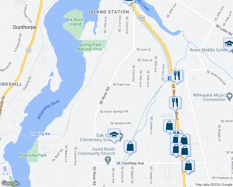 map of restaurants, bars, coffee shops, grocery stores, and more near 12917 Southeast 21st Avenue in Milwaukie