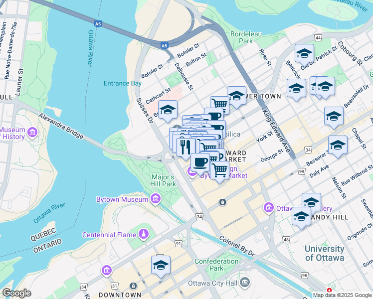 map of restaurants, bars, coffee shops, grocery stores, and more near 35 Murray Street in Ottawa