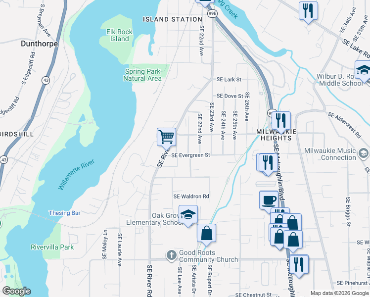 map of restaurants, bars, coffee shops, grocery stores, and more near 12917 Southeast 21st Avenue in Milwaukie